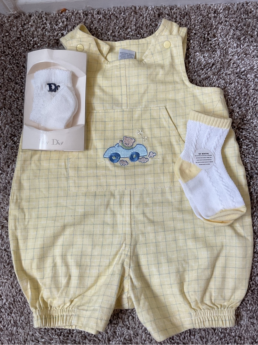 Class Club Yellow Checkered Baby Romper Subtle Blue Grid & 2 pr of socks. NWT